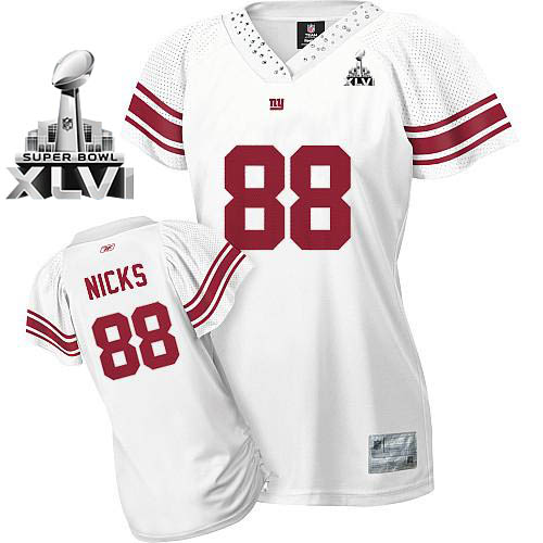 Giants #88 Hakeem Nicks White Women's Field Flirt Super Bowl XLVI Stitched NFL Jersey - Click Image to Close